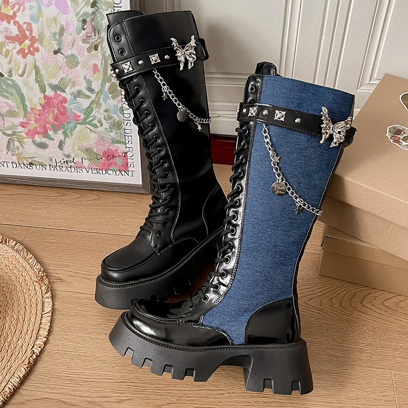 

Punk Boots for Women Sweet Metal Butterfly Designer Boots Thick-soled Knight Booties Lace Up Platform Boots Knee Botas for Women