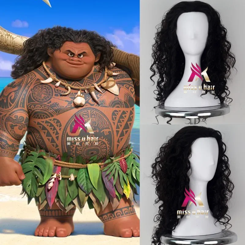 Movie Moana Prince men Maui wig Black Fluffy Long Hair Cosplay Curly Wig with Hair net Maui costumes  wig cap