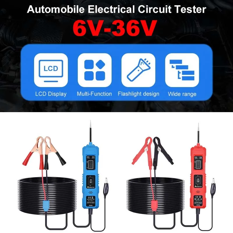 Testeur de circuit électrique automobile, testeur de système électrique de voiture, kit de sonde de puissance de tension, affichage numérique LED avec éclairage, 6V-36V