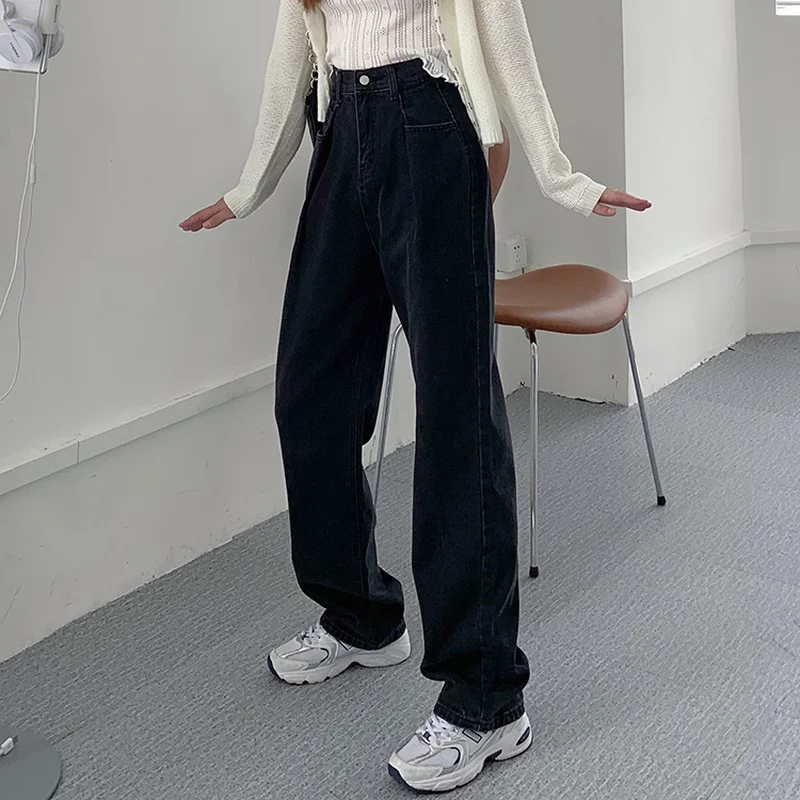 Vintage Wide Legs Straight Jeans Women Black High Waist Oversized Denim Pants 2023 Spring New Casual Long Trousers Korean Style