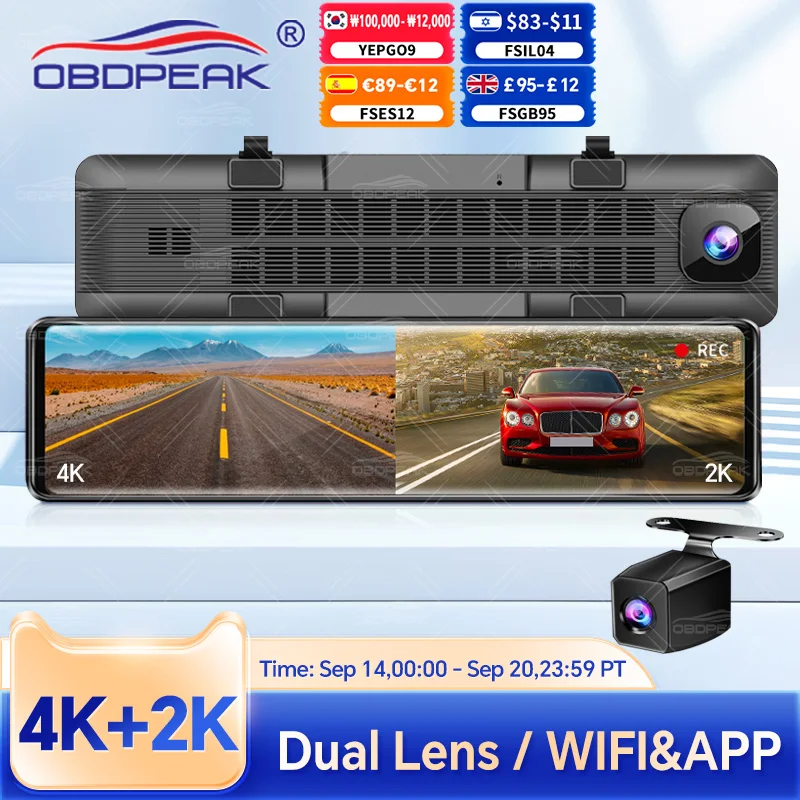 OBDPEAK H8 4K + 2K Dash cam GPS WIFI Front 4K Rear View Mirror Video Recorder2K Back Camera Registra Car Dvr