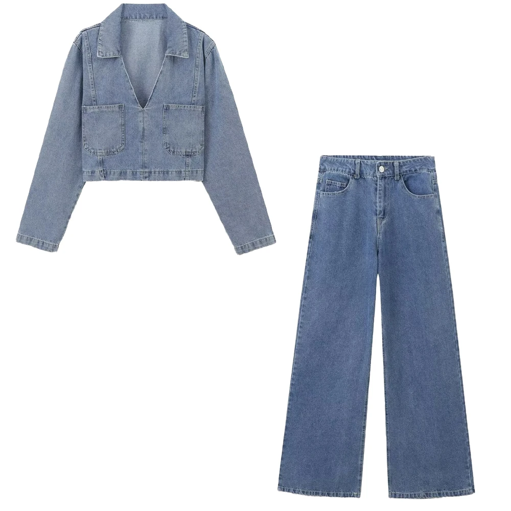 2024 Autumn New Women\'s Fashion Casual Collar Long Sleeve Short Denim Shirt High Waist Wide Leg Jeans Set