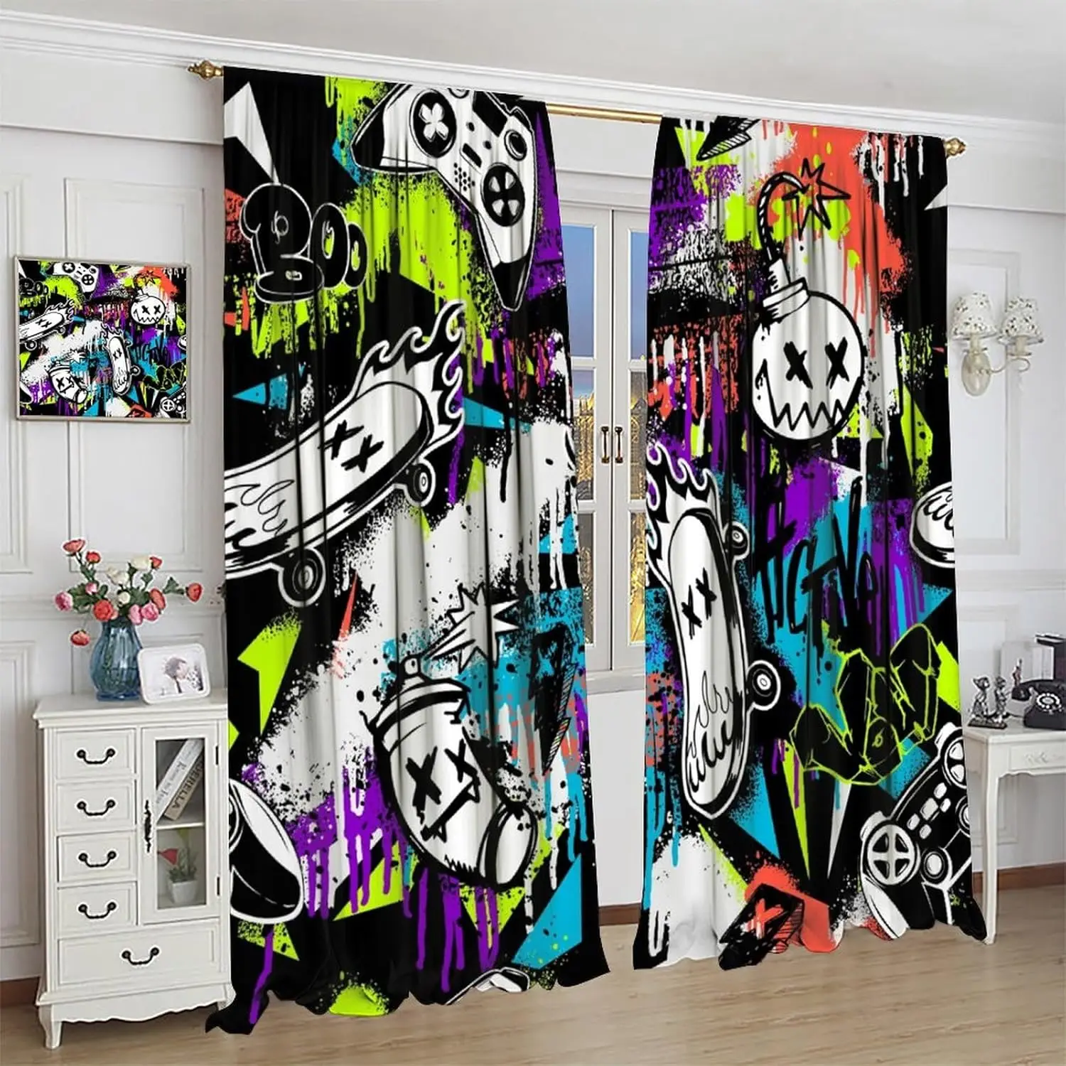 Graffiti Curtains for Boys Room,Modern Abstract Art Street Cool Black Skateboard Graffiti Window Drapes Print Kids Girls Bedroom
