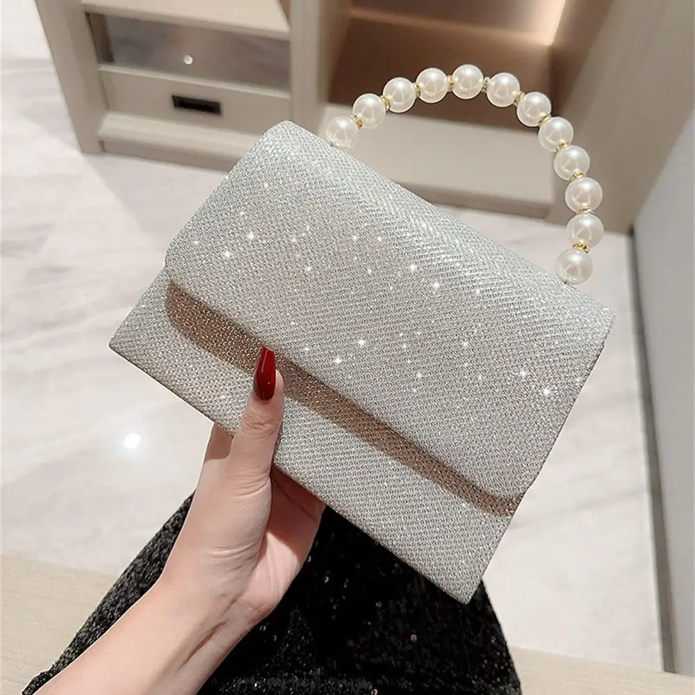 Pearl Chain Shoulder Bags Luxury Purse Gold Bright Silk Evening Bag Women Elegant Fashion Banquet Clutch Female Handbag