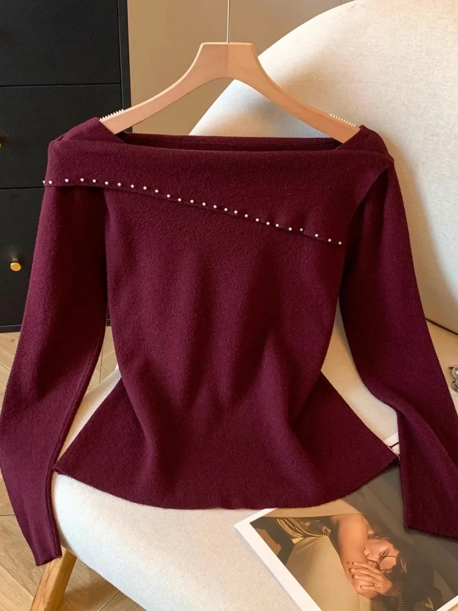

Ele Embellied One-oulder Knit Sweater Women's Slim Fit k Red Inner Wear Autumn Winter Commute Sle Long Sve