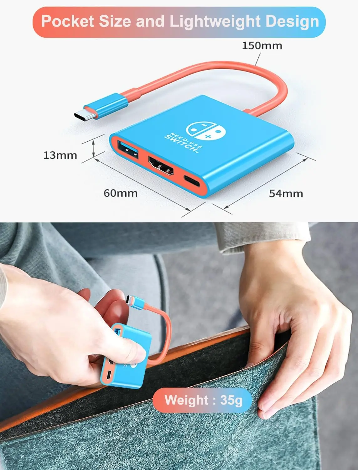 TUTI USB C to HDMI adapter with USB3.0 Port,portable TV adapter supporting 4K/30HZ dock mode,for Steam Deck/Nintendo Switch OLED