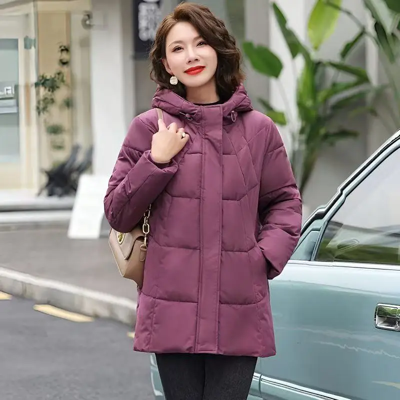 

2025 Winter Cotton padded Jacket Hooded solid color fleece thick Parkas Warm Loose Long Overcoat middle aged Grandma Snow Coat