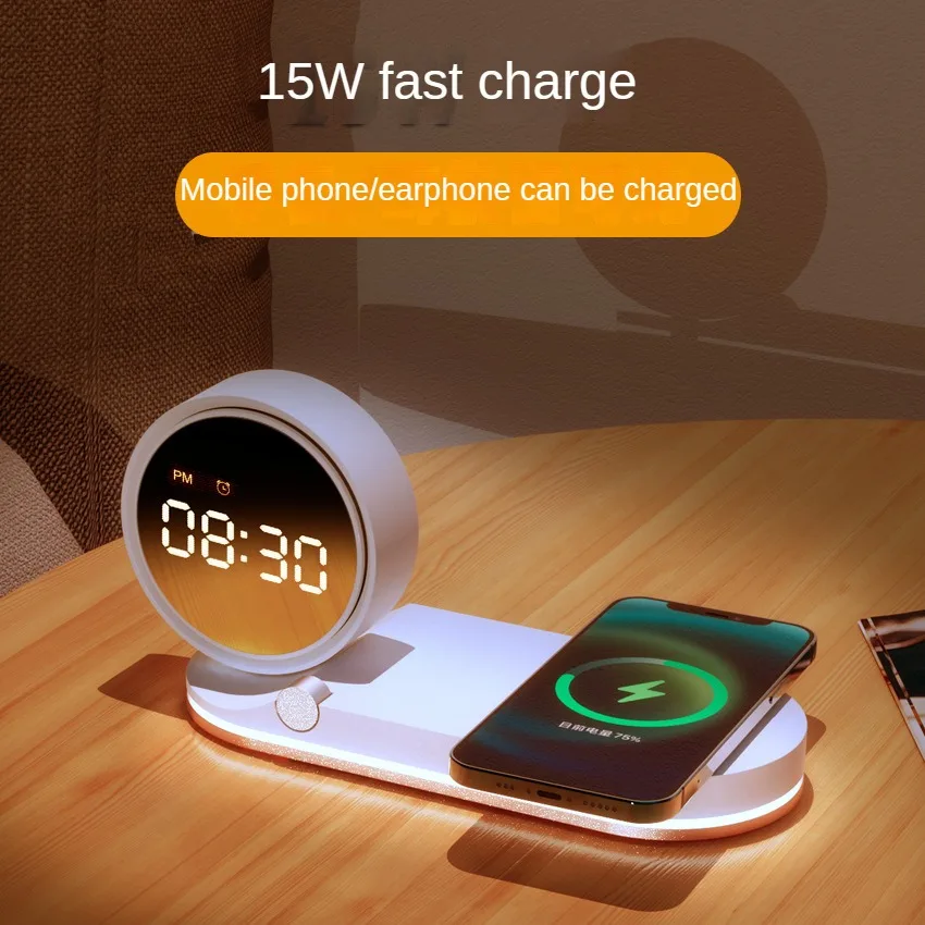 

MINI Night Lights Desktop Alarm Clock Wireless Charging Mobile Phone Earphones 3 in 1 Wireless Charger LED Atmosphere Desk Light