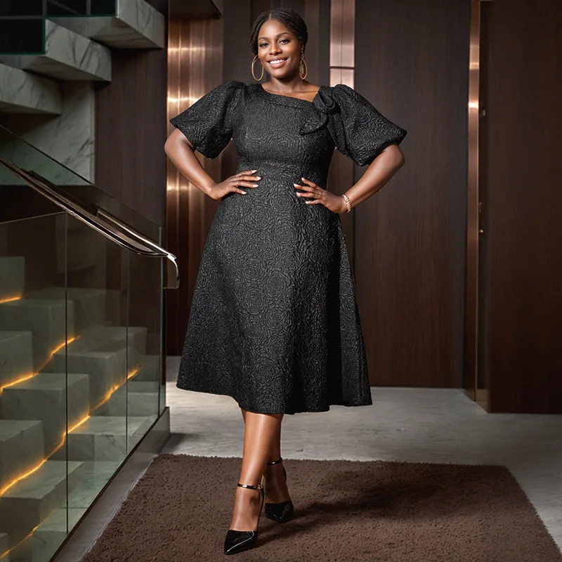 ผู้หญิง Elegant Jacquard A-Line ชุดเดรสแขนสั้น 3D ดอกไม้พัฟแขนวันเกิดงานแต่งงานสํานักงานสุภาพสตรีใส่ทํางาน https: