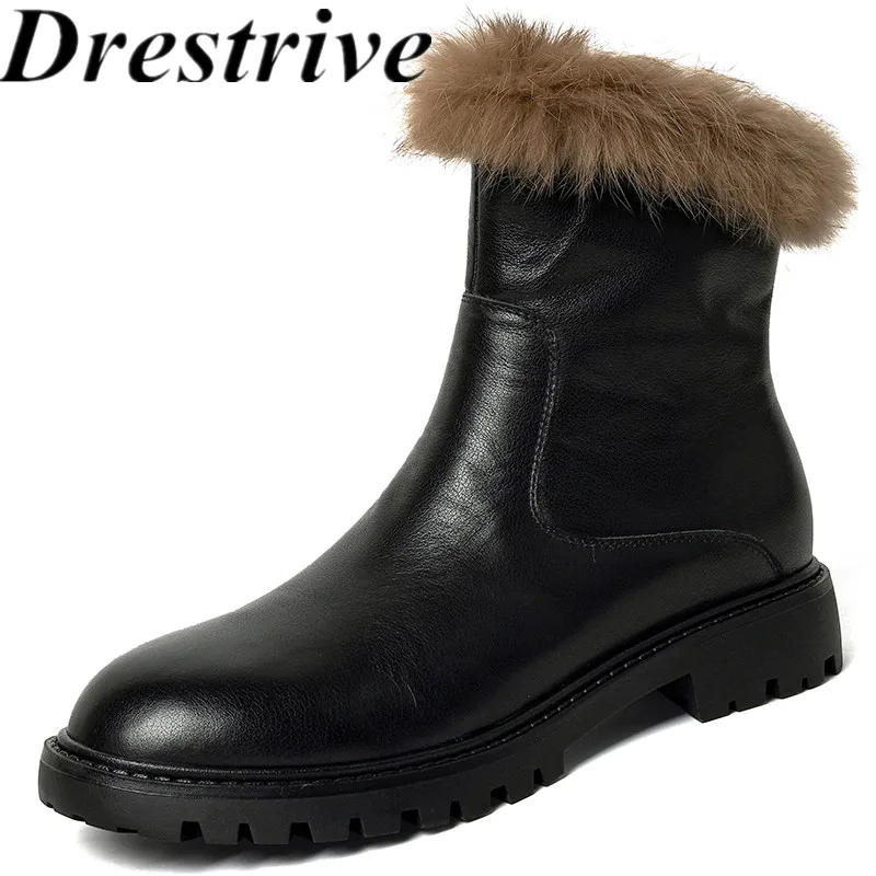 

Drestrive Women Ankle Boots 2023 Fashion Cow Leather Rabbit Fur Round Toe Thick Mid Heels Winter Shoes Non Slip