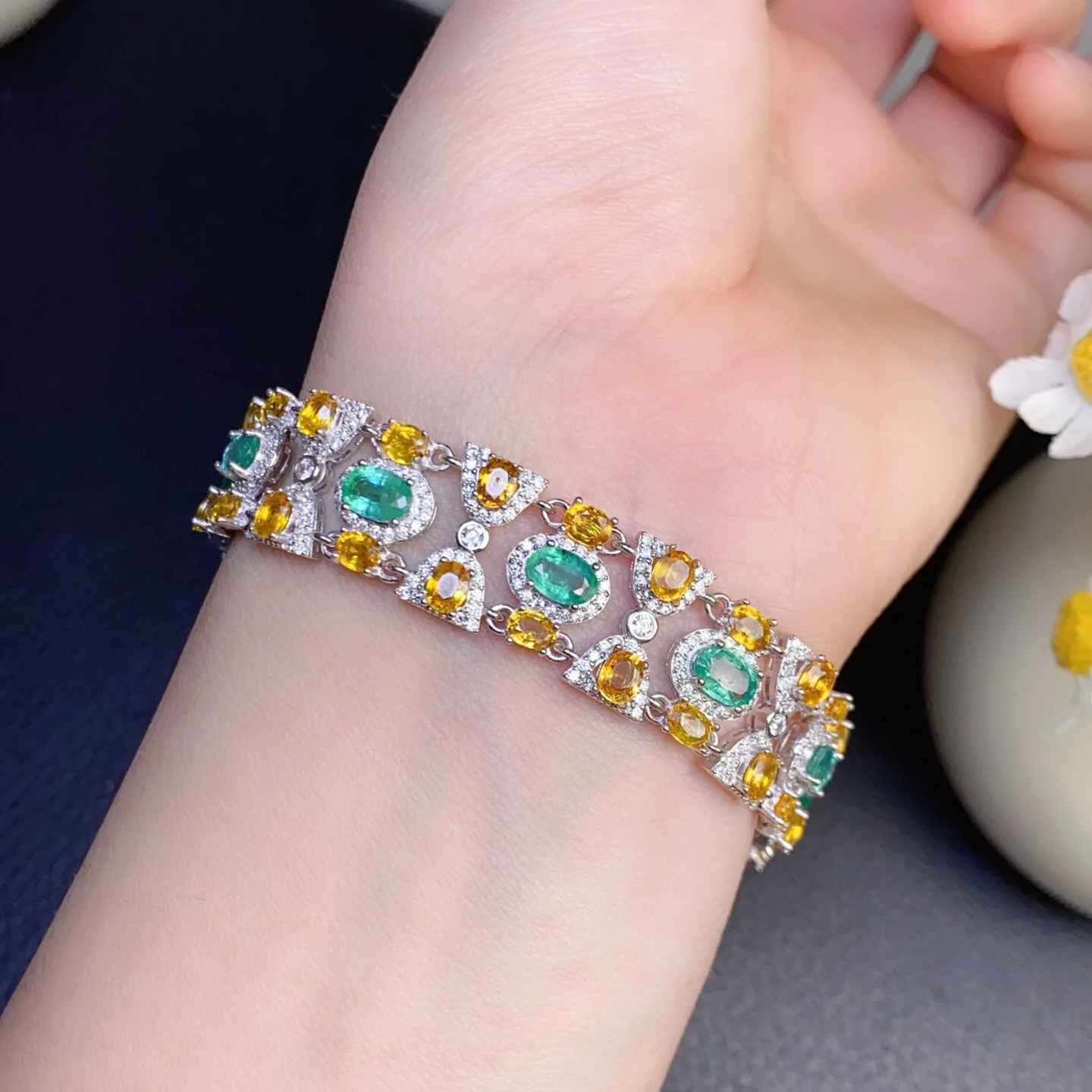 925 Silver Natural Emerald & Yellow Sapphire Bracelet, Vintage Light Luxury Gemstone Jewelry, Elegant Statement Gift for Women