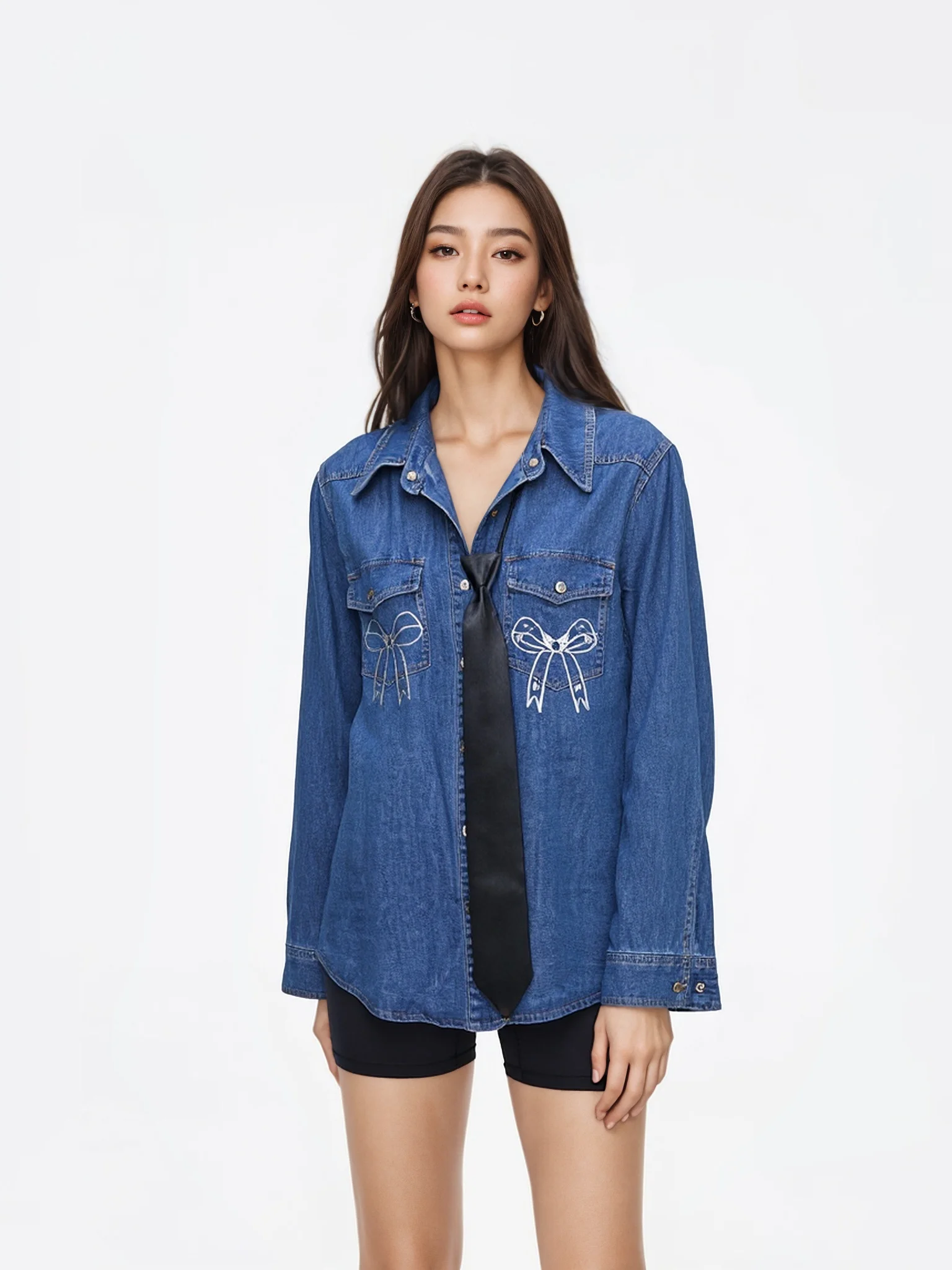 

Retro Waed Original Color Denim irt Women's Faion Straight Cut Cotton Long Sve Breathable Comfortable Skin-Friendly