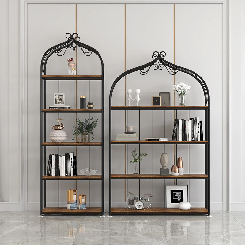 

American shelf retro floor solid wood wrought iron baffle shelf bookshelf living room display stand bird cage storage rack dinin