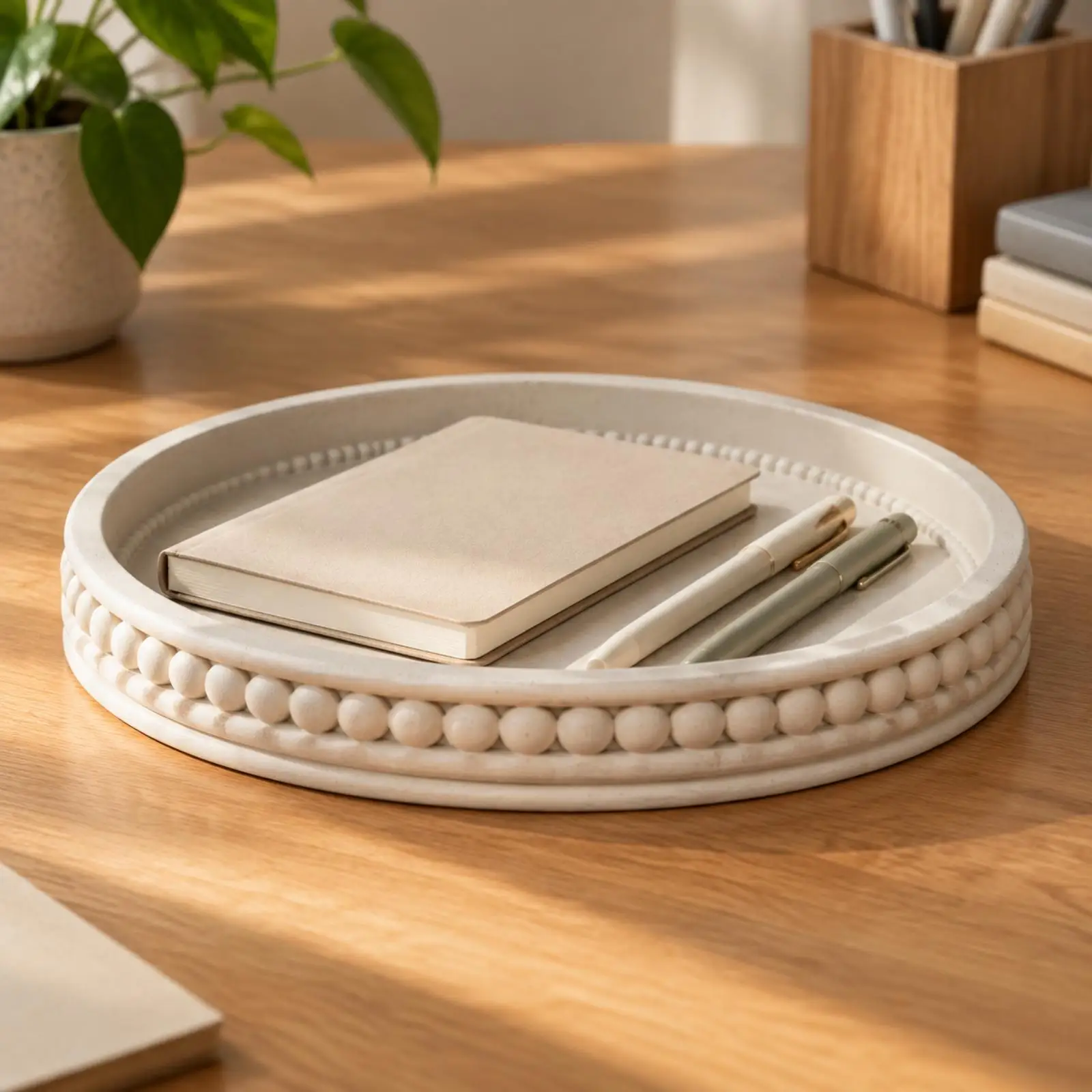 Round Cement Decorative Tray Handcrafted Beaded Edge Tray Shallow for Tabletop Display, Coffee Table, Dresser