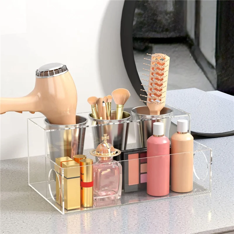 

Y42A-Hair Tools Organizer Hair Dryer Holder Countertop Blow Dryer Stand Storage For Vanity Bathroom With 3 Cups