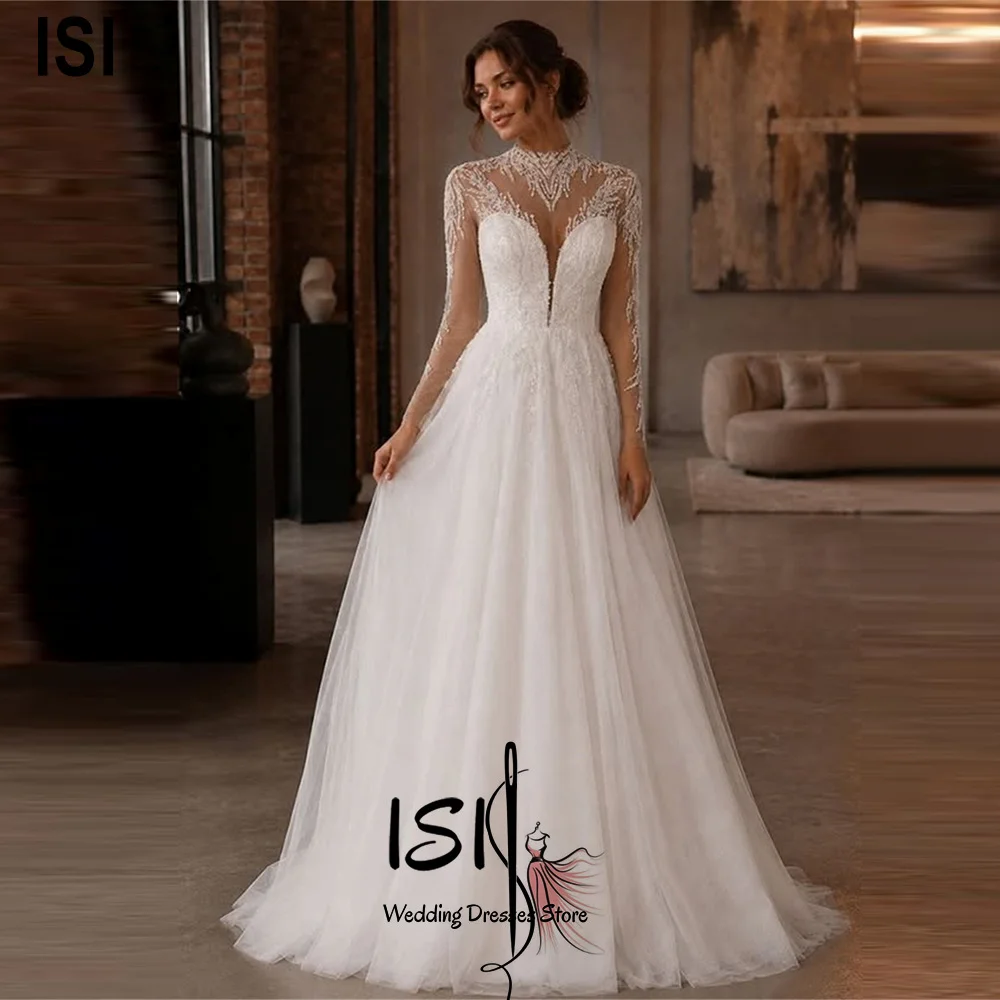 ISI Maßgeschneiderte klassische Brautkleider mit O-Ausschnitt für die Braut, A-Linie, lange Ärmel, glitzernde Tüllapplikationen, Vestidos De Novia ﻿
