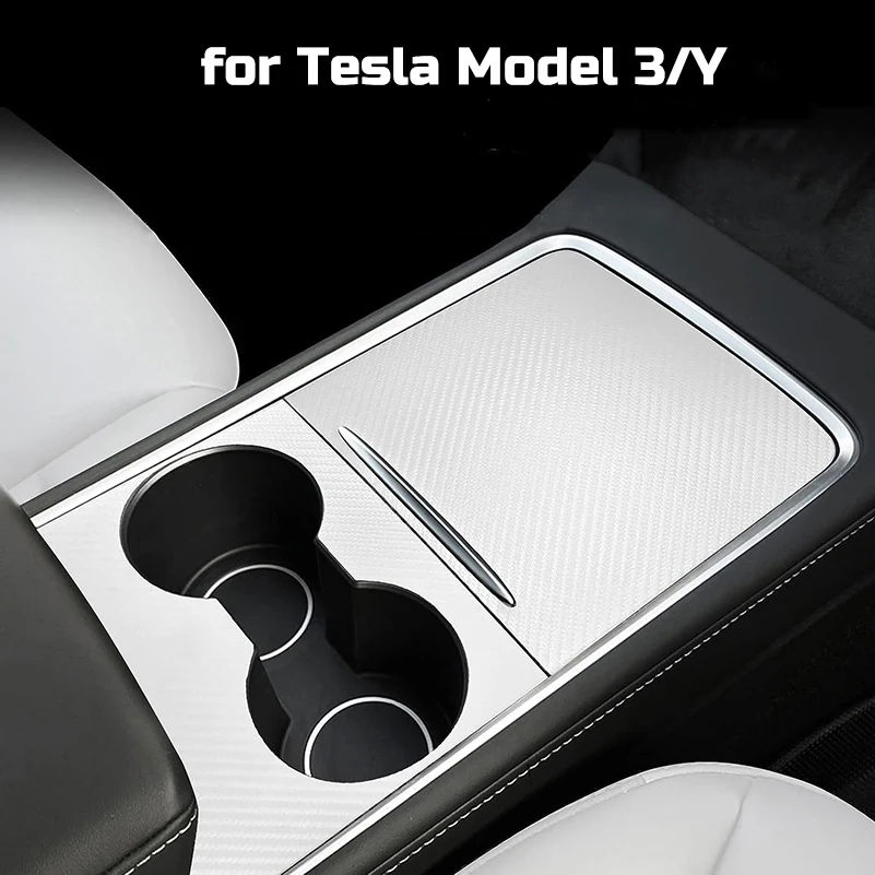 for Tesla Model 3 Y 2021-2023 White PU Leather Carbon Center Console Cover Protector Panel Film Sticker Car Accessories