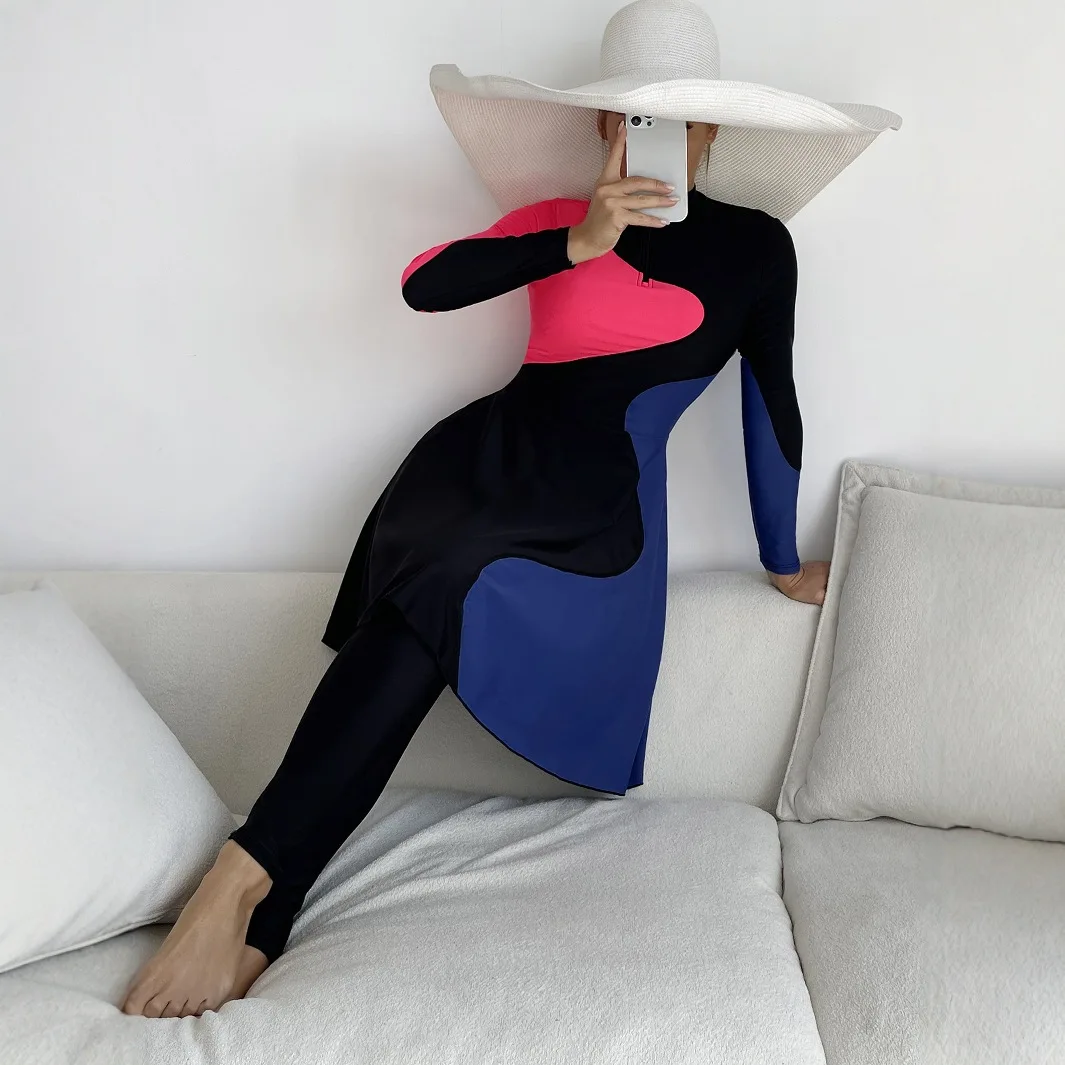 Скромные купальники для мусульманских женщин, новые буркини, 2 шт., все купальники, длинное платье и длинные трусики, синие и красные лоскутные буркини