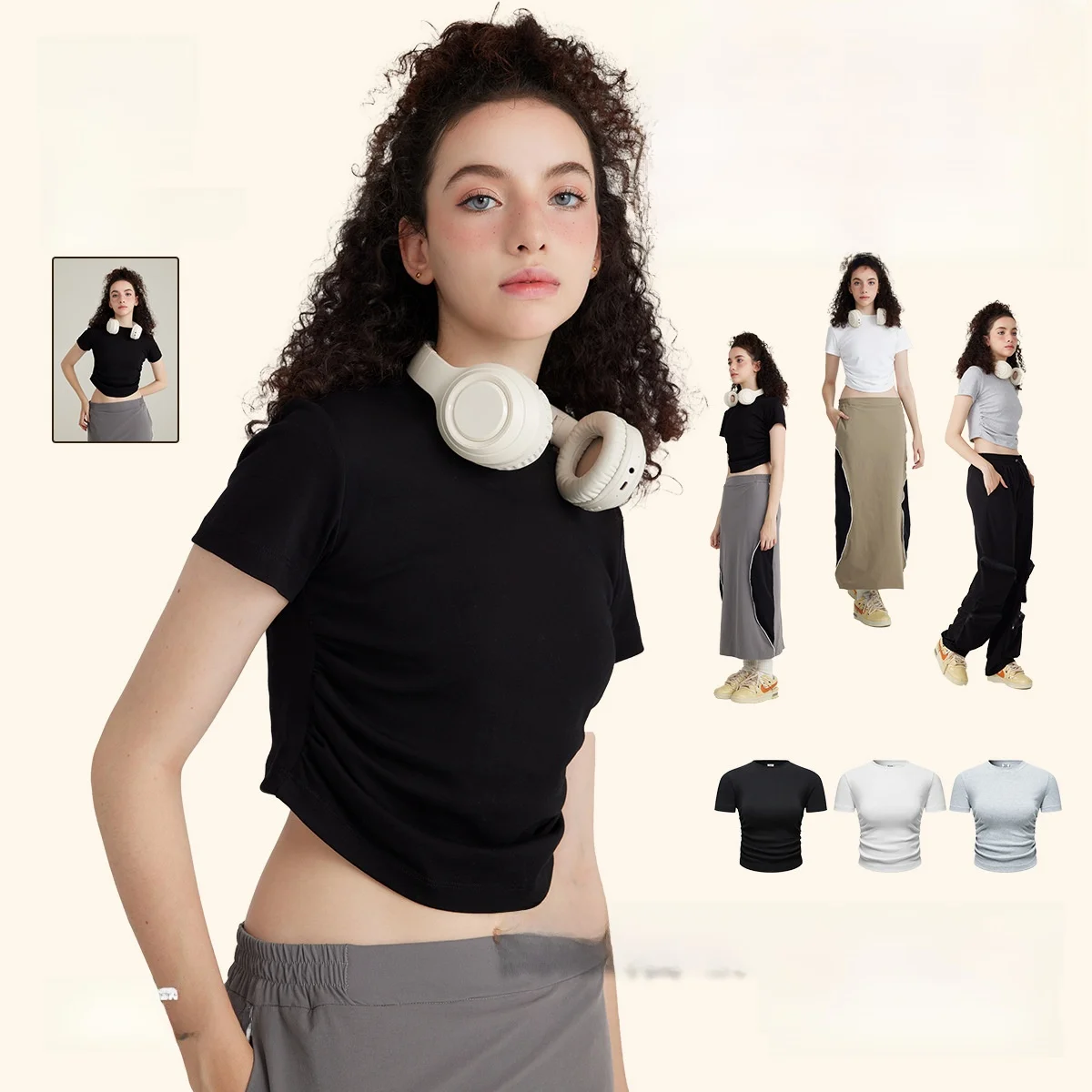 

Women's Cotton Knitted ort Sve T-irt Side Pleat Waist Cinching Sexy Design Summer Trendy Brand Chinese Production