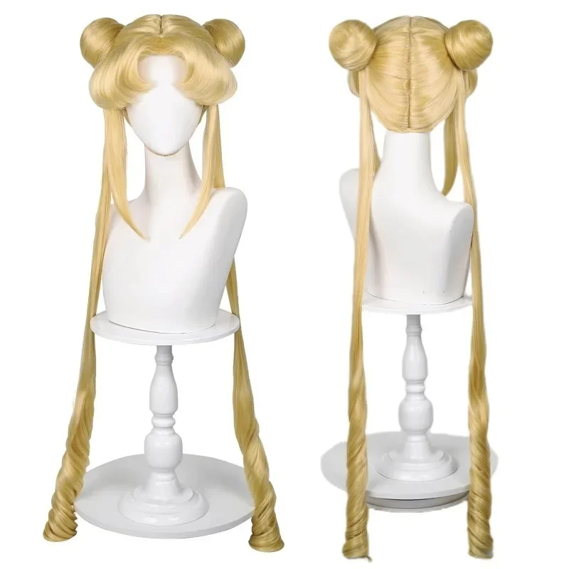 Sailor Moon Tsukino Usagi długie kręcone blond kucyki peruka z 2 kucykami z czapką z peruką na imprezę kostiumową na Halloween