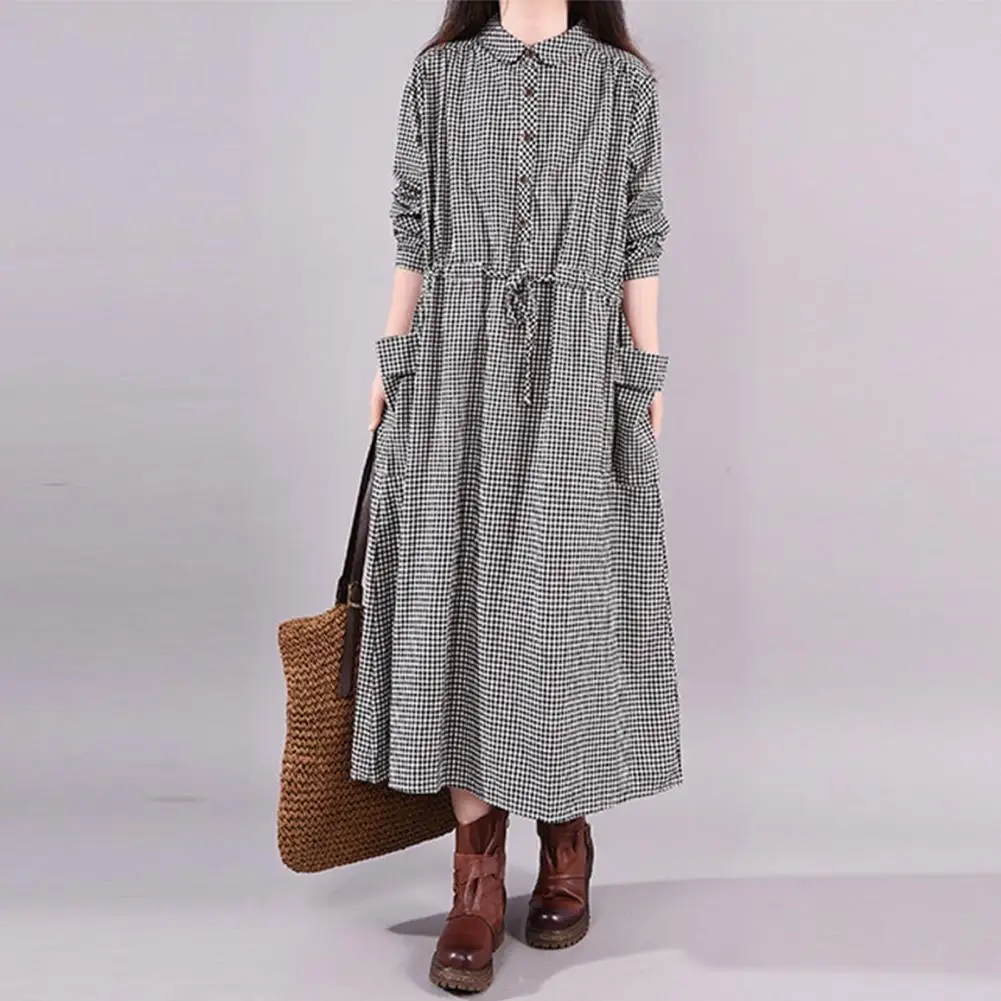 

Spring Autumn Women Dress Plaid Print Turndown Collar Lace-up Waist Large Hem Midi Dress Streetwear Lady Cotton and Linen Dress