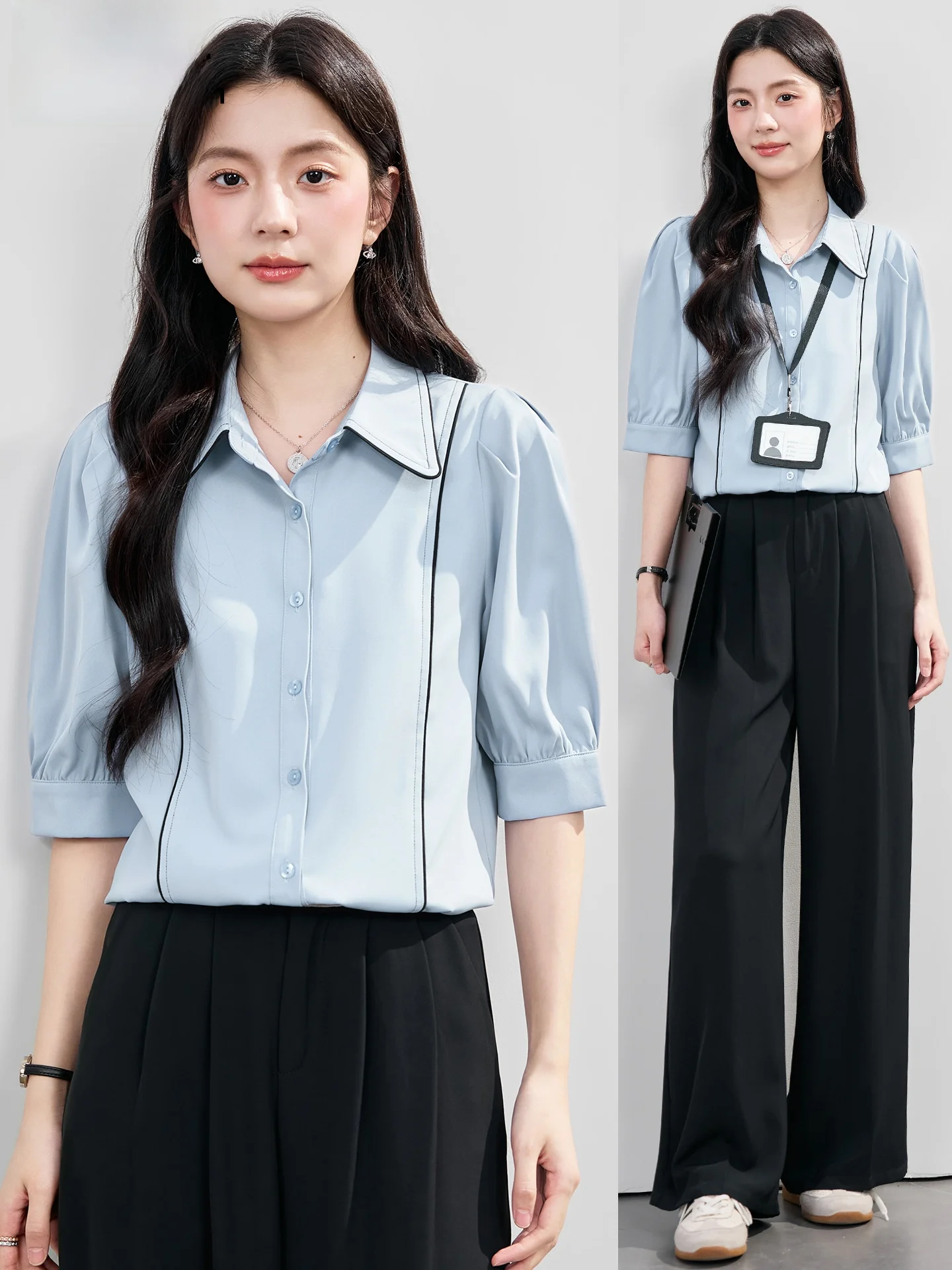 

Blue Mid-Sve irt Women's Summer New Luxury Sense Profional Aosphere Interview Formal Commute irt Set Korean Sle