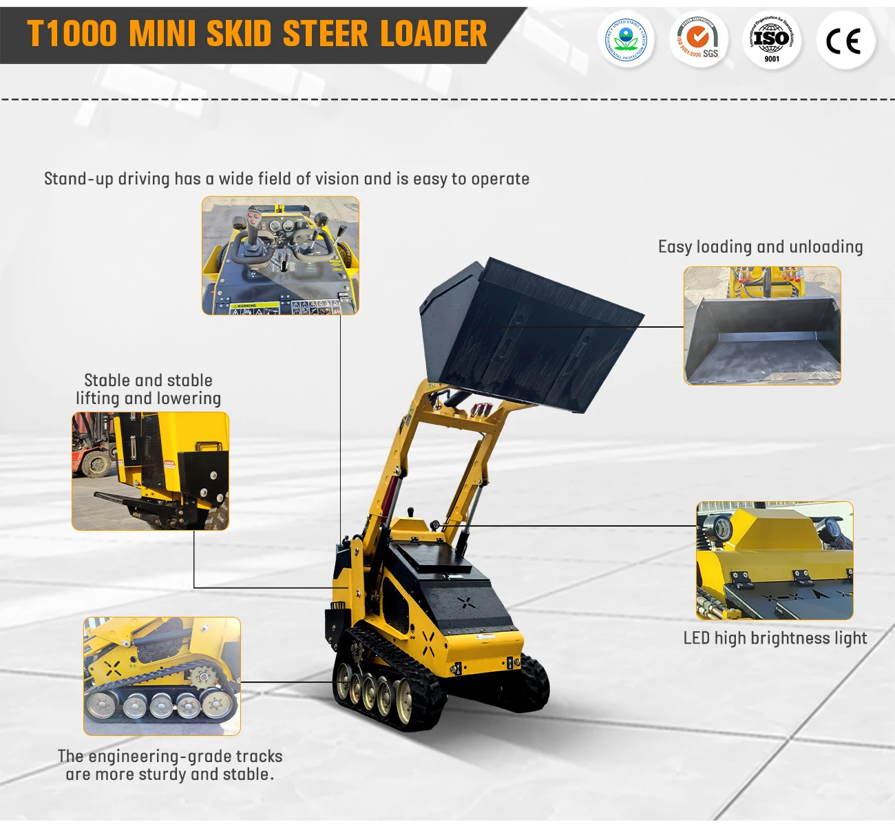 Maßgeschneiderter Mini-Skidsteer-Ständer aus China mit Anbaugeräten, Mini-Raupen-Kompaktlader mit Schiene – Detail 20
