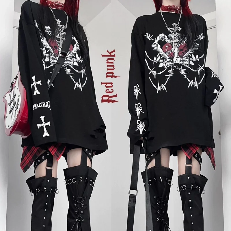 Subculture Japanese Gothic Print Punk Y2k T-shirt Women Loose Grunge T-shirt Aesthetics Tees Harajuku Kawaii Shirts Black Tops