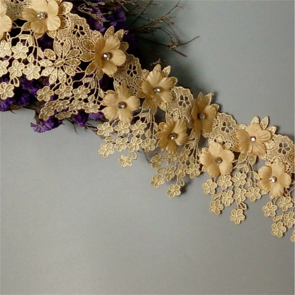 1 Yard Oro 9 centimetri Perla 3D Fiore Nappa Lace Trim Nastro Tessuto Ricamato Applique Mestiere di Cucito Abiti Abito Da Sposa nuovo Caldo