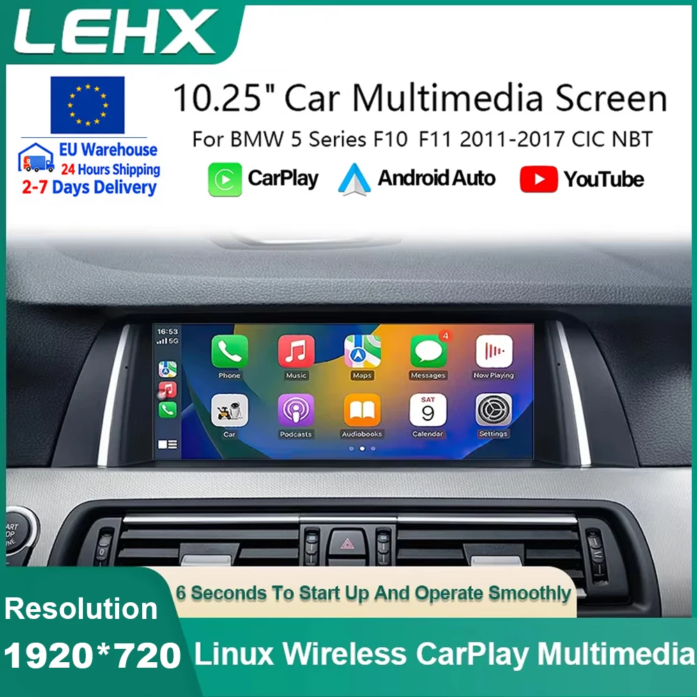 LEHX QLED 10,25'' Autoradio multimediale con CarPlay wireless e Android Auto per BMW Serie 5 F10 F11 2012-2017, sistema CIC NBT Linux, GPS, schermo touchscreen.