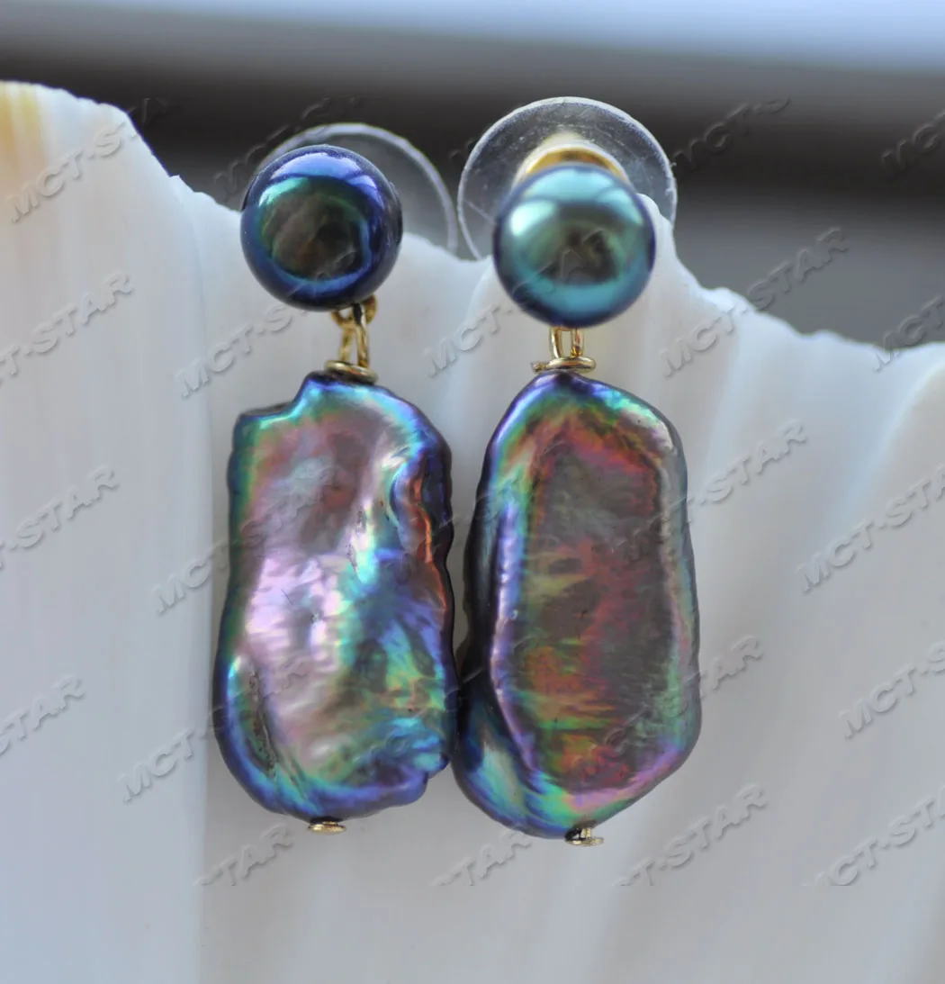 Z11838 20mm Peacock-Black Dens Biwa Pearl Stud Dangle Earring Earrings