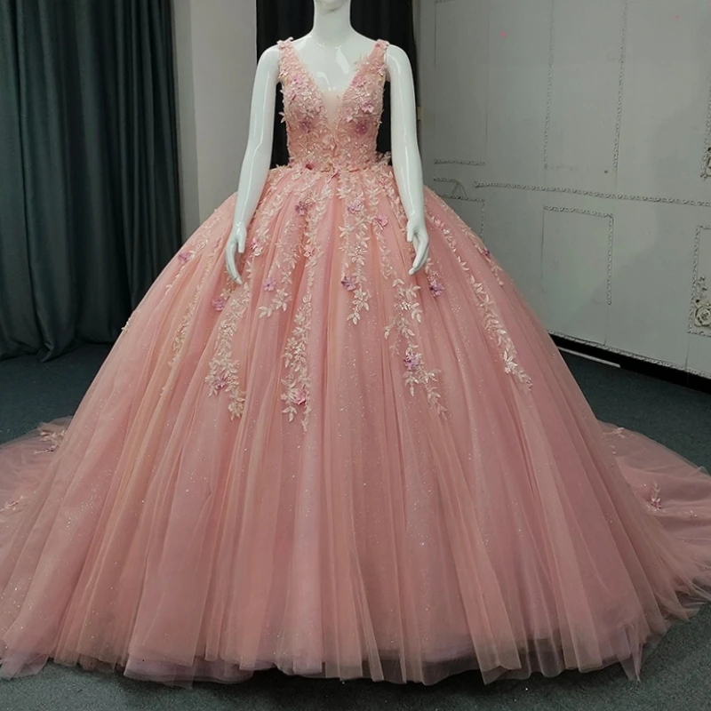 

Pink Quinceanera Dresses Ball Gown Off The Shoulder Sequin Applique Lace Beading Tull Sweet 16 Dress Vestidos 15 De Anos