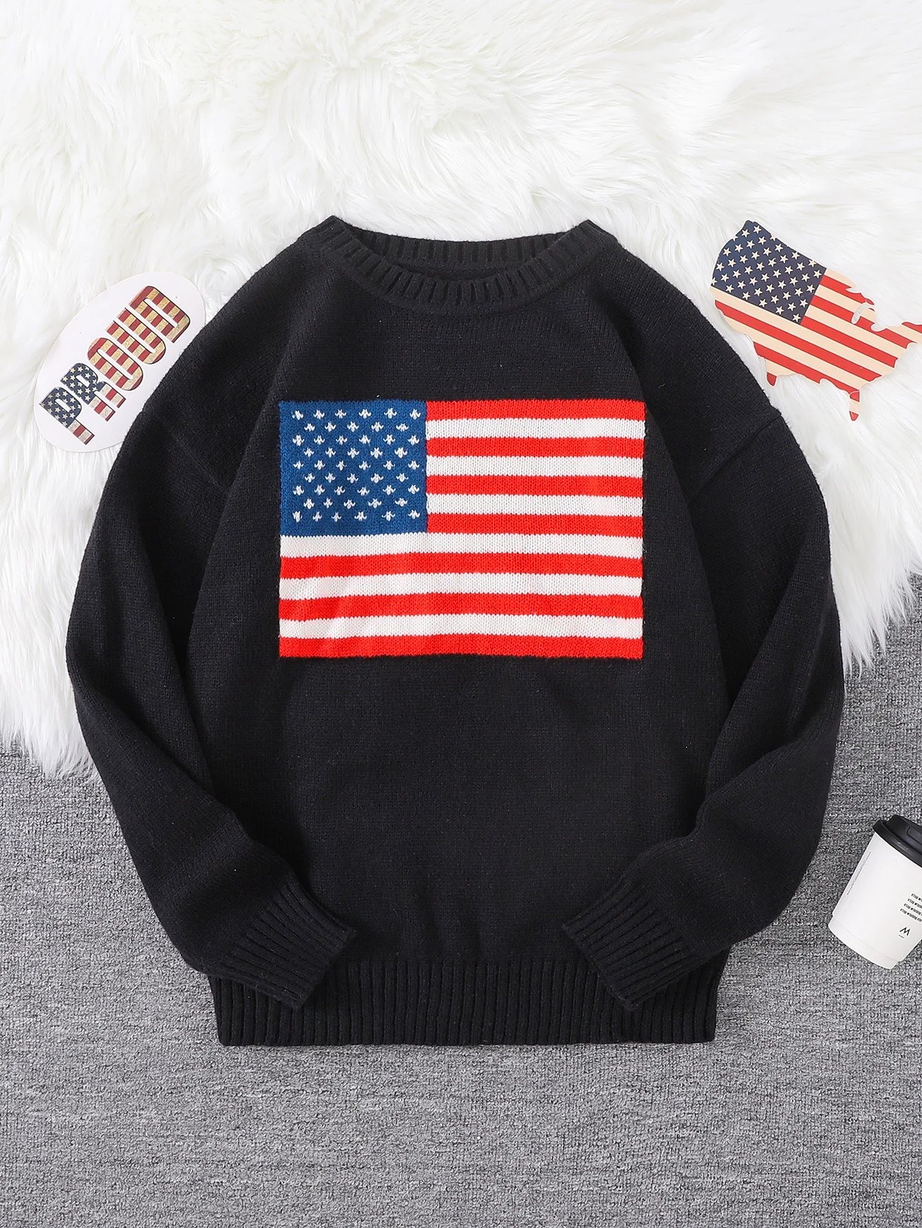 Trendy Autumn American Pattern Pullover Sweater Casual Round Neck Knitted Men's Pullover