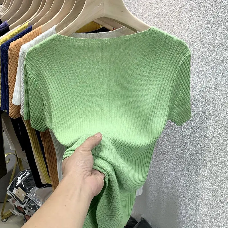 Women Sweater Summer Korean Fashion Style Top Short Sleeve New In Loose V Neck Ice Silk  Female Clothes 2023