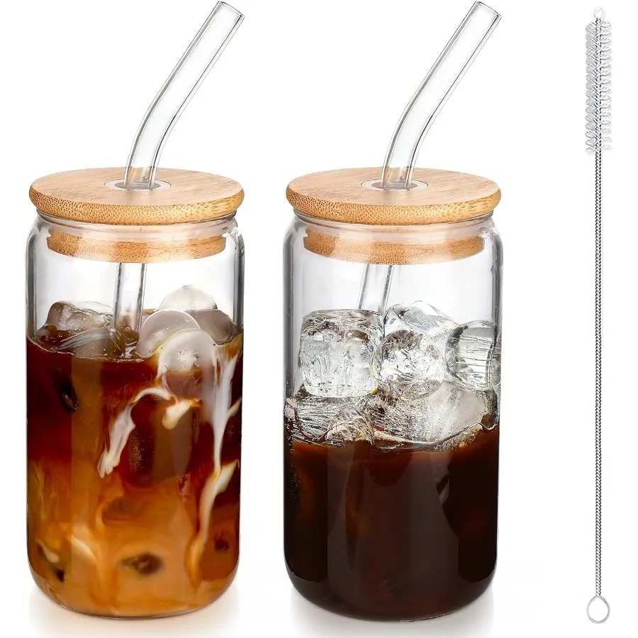 

Iced Coffee Cups with Lids 2 pcs16 oz Glass Cups with Lids and Straws as Coffee Bar Accessories Beer Drinking Glasses Reusable