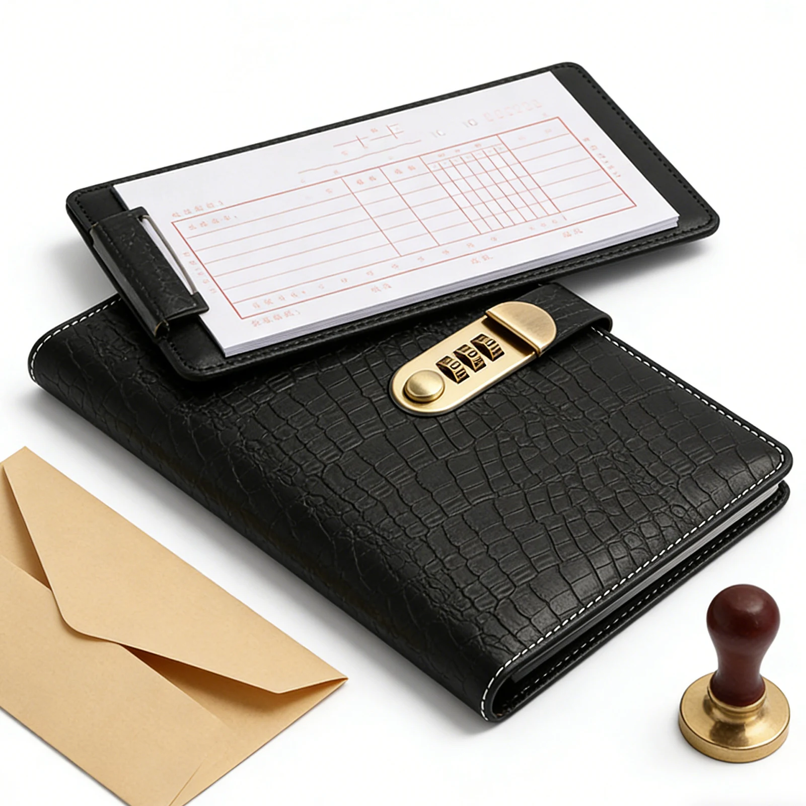 Organizer na dokumenty z zamkiem szyfrowym, wzór krokodyla, wykonany ze skóry PU.