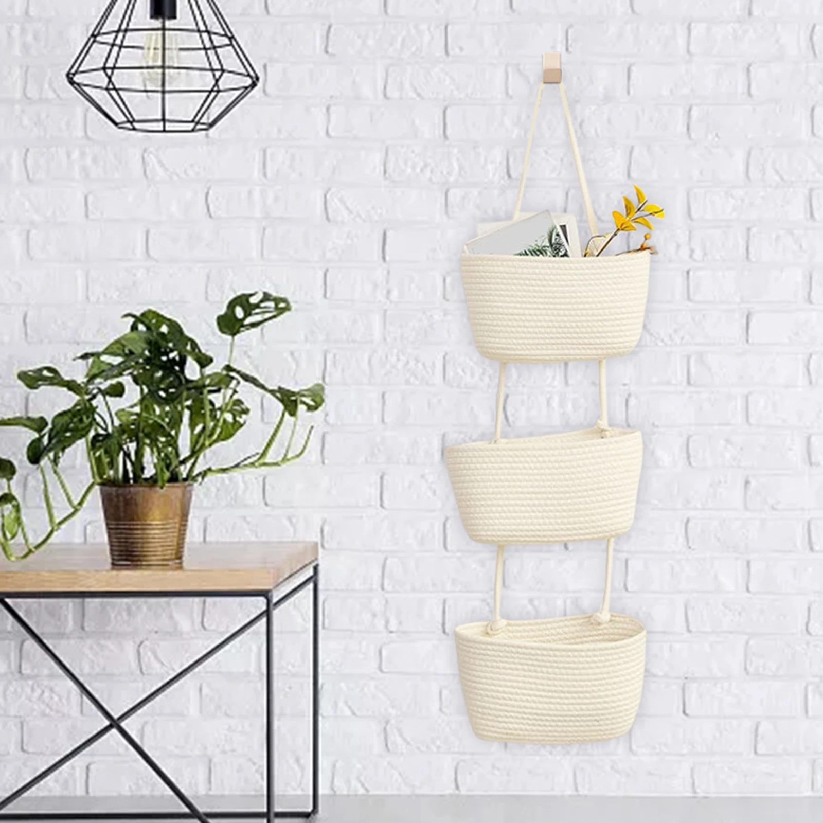 Cotton Rope 3 Tier Hanging Basket Wall Mount Organizer Hand Woven Multifunctional Decorative Magazine Rack for Kids Room Holder