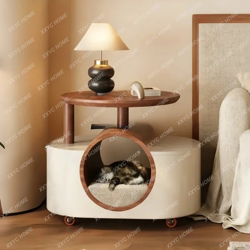 

round cat litter with cat tree integrated pet supplies, special-shaped side of the living room, a few corners and cabinets