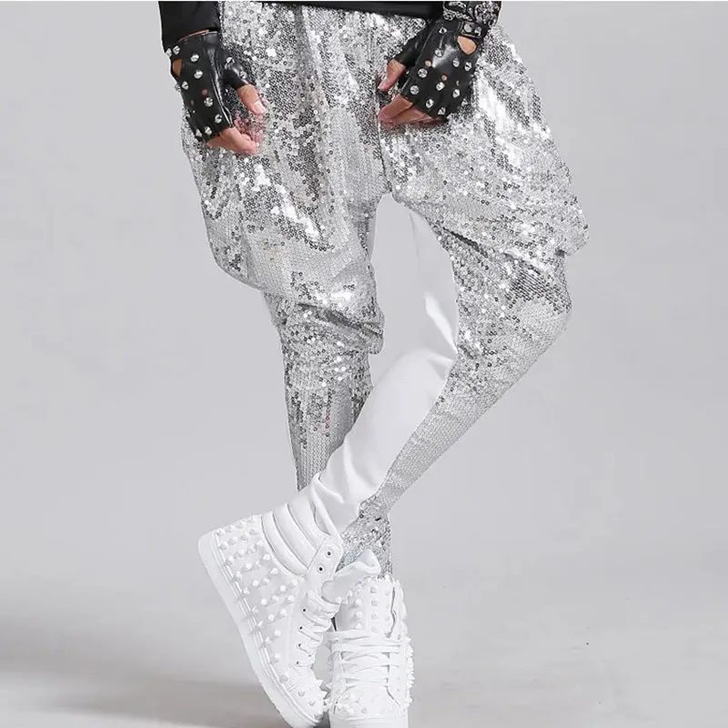 

Мужские брюки-шаровары с золотыми, серебряными блестками, блестящие брюки для джаза, хип-хопа, танцевальные брюки, рок-певец, сценический костюм для ночного клуба