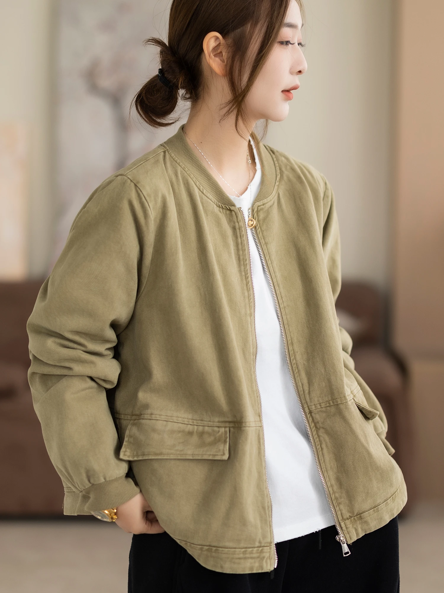 

Cotton Casual Loose Commuter Women's Jaet Pure Color Vintage Artistic ort Outerwear Zipper ket Warm Daily Faion