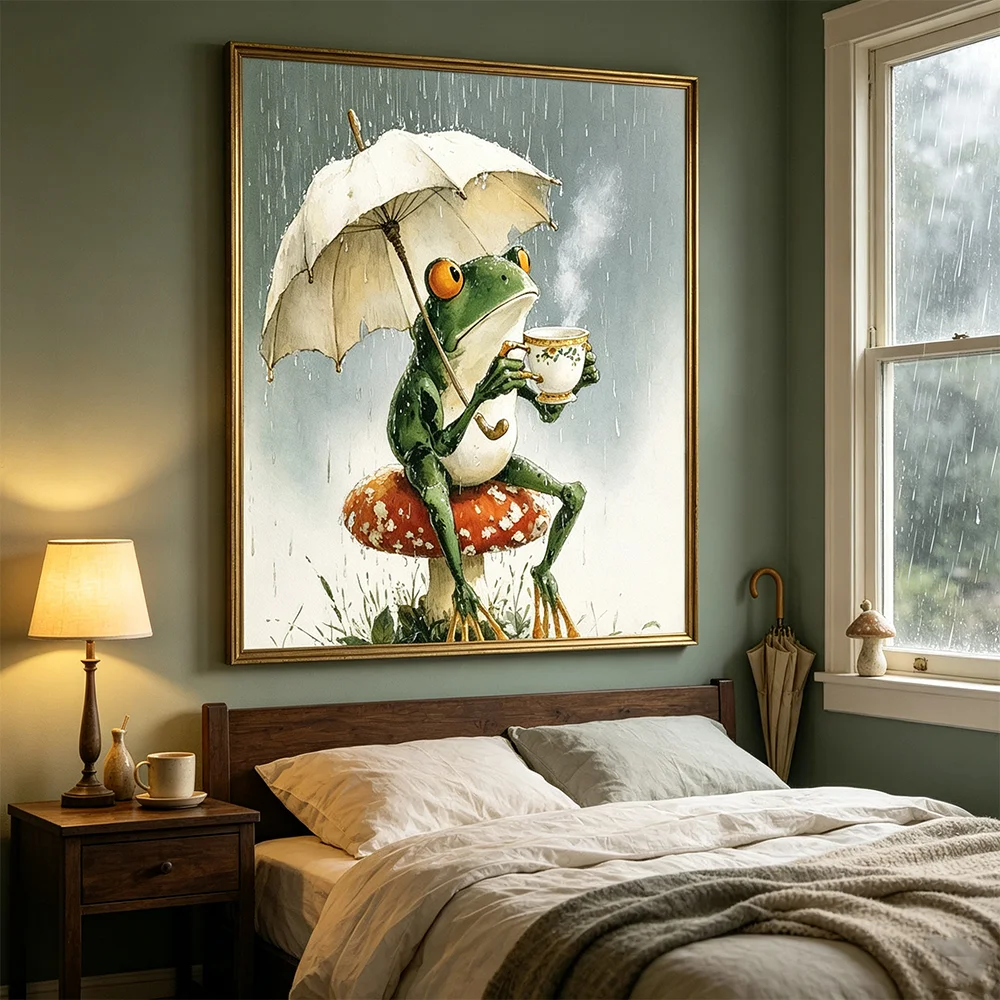 Funny Cartoon Frog Posters Rainy Umbrella Prints Nursery Canvas Painting Wall Art Picture for House Kids Room Decor Accessories