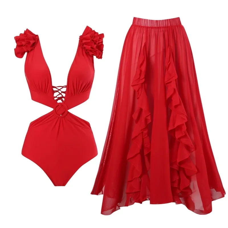 2025 New Fashion One-piece Swimsuit Women's Solid Color European and American Bow Mesh Skirt Swimsuit Set
