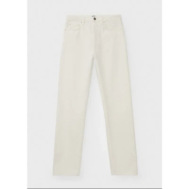 TT @ JEANS-Beige Loose Fitting and Simple High Waisted Straight Leg Pants, New Nordic Niche, 2024