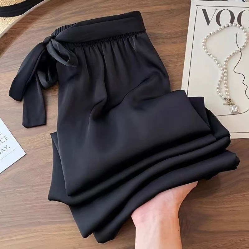 Acetat Satin Hosen Frühling und Sommer Schwarz Boden Wischen Casual Hosen Koreanische Lose Hohe Taille Büro Dame Gerade Hosen