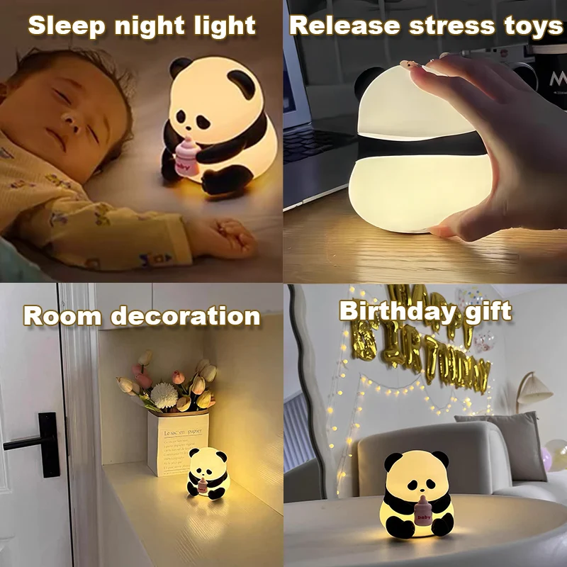 Panda LED Night Light com Sensor de Toque, 7 Cores, Baby Sleep Light, Lâmpada De Silicone Dos Desenhos Animados, Brinquedo De Descompressão,