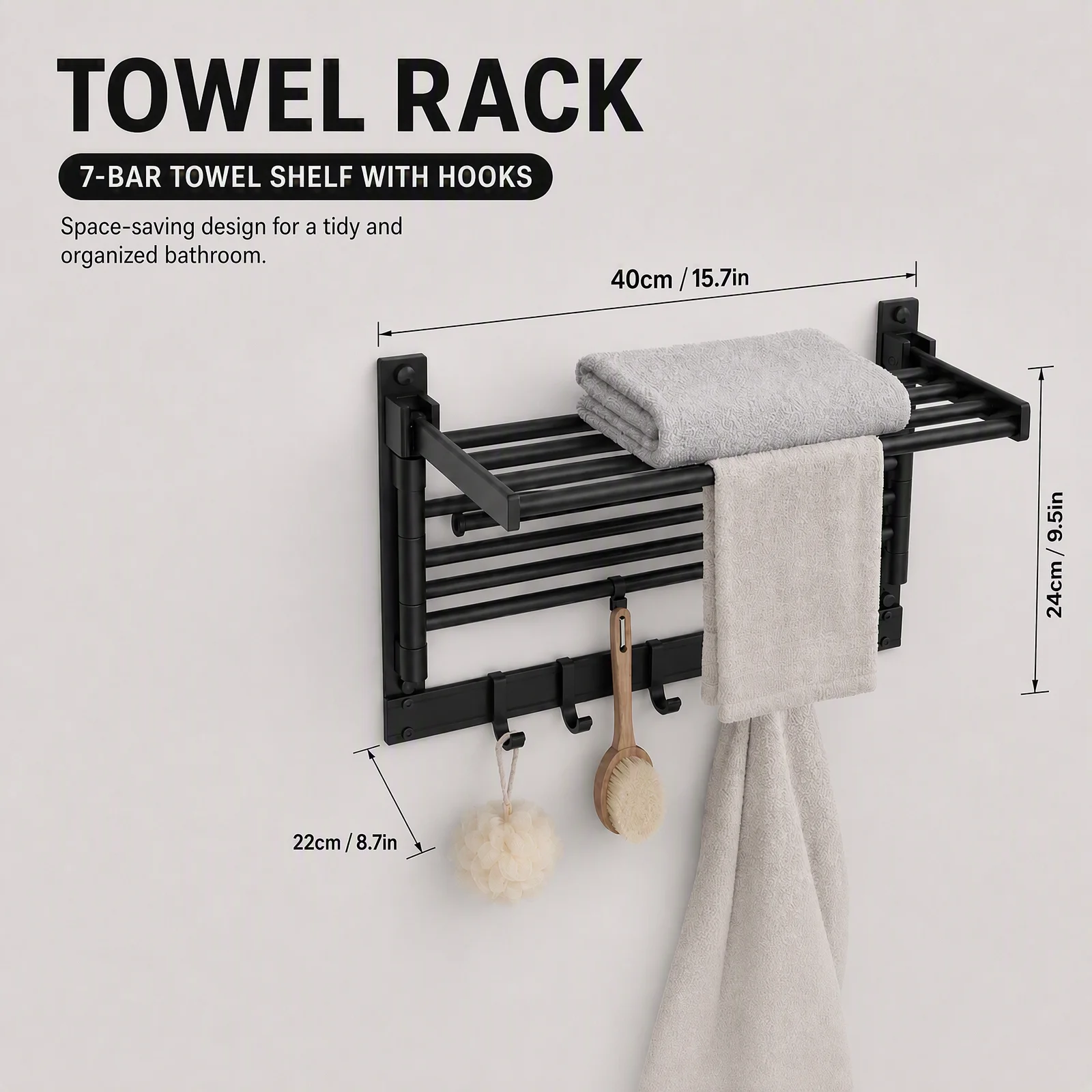 40cm Bath Towel Rack, Black, With 7 Rods 15.75*10.23*11.81 in Bathroom Towel Shelf Oad-Bearing Capacity 44lbs Towel Rack Foldable and Rotatable Wall Mounted Bath Towel Holder for the Hotel Spa Laundry Master Bathroom Guest Bathroom Bedroom Balcony Kitchen