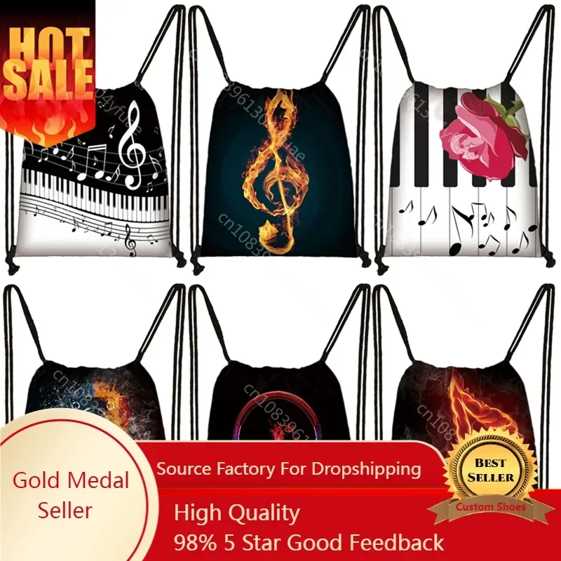 

Musical Instrument Print Drawstring Bag Music Notes Backpack Guitar Violin Outdoor Storage Bag Shoes Holder Teenager School Bags