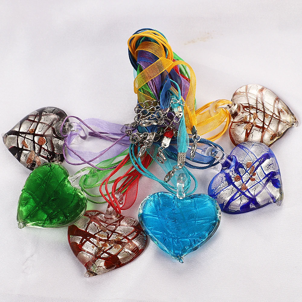 Wholesale 6pcs Gandmade Murano Lampwork Glass Mixed Color Stripe Heart Pendant Silver P Hot Jewelry Gift Necl0114