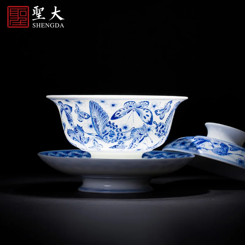 

|tea cup hand-painted blue and white porcelain hundred butterflies covered bowl all manual Jingdezhen Kung Fu Tea Set