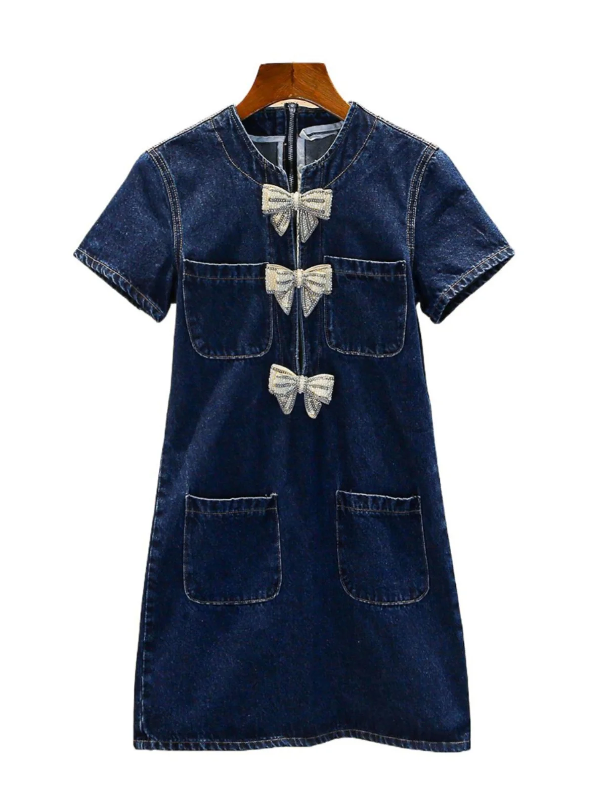 Sanfter Sommer Damen Dr. Soft Sle Stehkragen Knoten Jeansrock A-Linie ort Dr Polyesterfaser Frühling Herbst